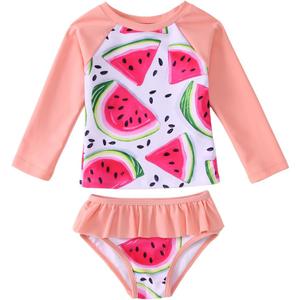 MODNTOGA Baby Girl Swimwear 2Pcs Long Sleeve Flower Swim Bathing Suit Set Toddler Kid Watermelon Graphic Swimsuit Beach Wear (6-12 Months, Light Pink Watermelon)