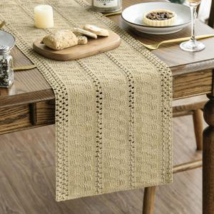 Artoid Mode Burlap Brown Farmhouse Woven Rustic Hollow Table Runner, Seasonal Holiday Hollow Kitchen Dining Table Decoration for Home Party Decor 12x60 Inch