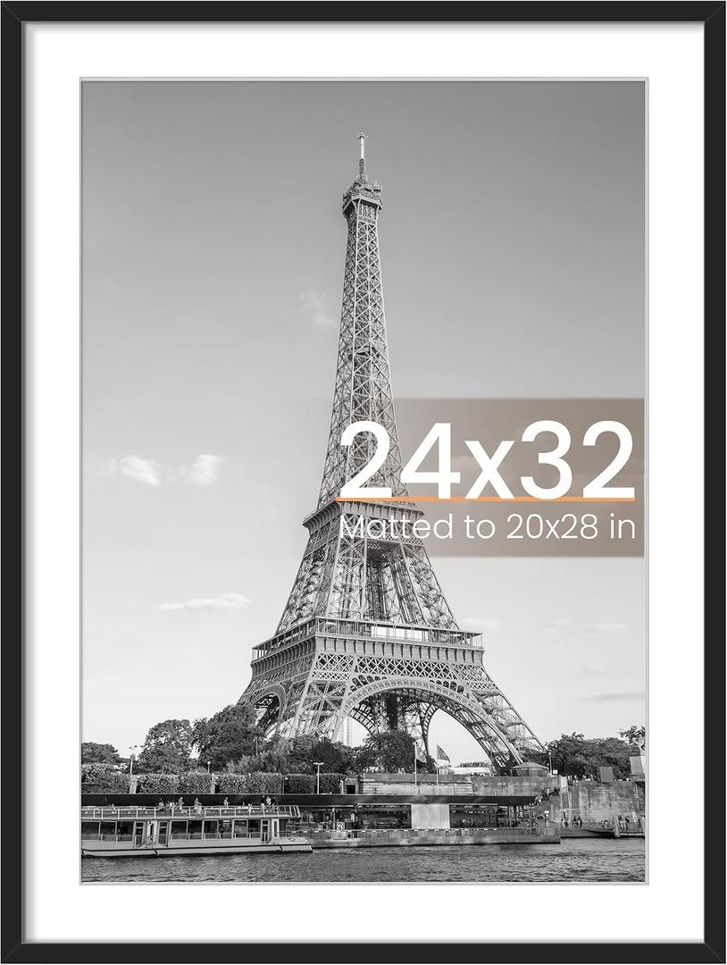 upsimples 24x32 Poster Frame, Display Pictures 20x28 with Mat or 24 x 32 Without, Wall Hanging Picture Frames, Black, 1 Pack