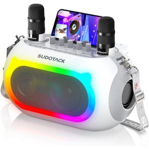 SUDOTACK Karaoke Machine for Adults Kids with 2 Wireless Microphones, Bluetooth PA Speaker System with Echo/Bass/Treble Adjustment for Home Party, Outdoor, Church, Picnic, Birthday Gifts (White)