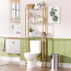 AmazerBath Bamboo Over The Toilet Storage Shelf, Bathroom Storage Organizer Rack, 3-Tier Bathroom Shelves Space Saver, White and Natural Color