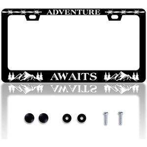 Adventure Awaits License Plate Frame Mountains License Plate Frames Personalise Stainless Steel Funny Design Compatible with Standard License Plate Holder for USA and Canada 6 X 12 with Screws