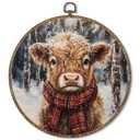 Fewgb Winter Christmas Highland Cow Round Wall Art Decor Framed, Rustic Farmhouse Canvas Wall Art Prints Picture, Vintage Cottagecore Hanging Room Decor Artwork for Gallery Bedroom Kitchen 10x10