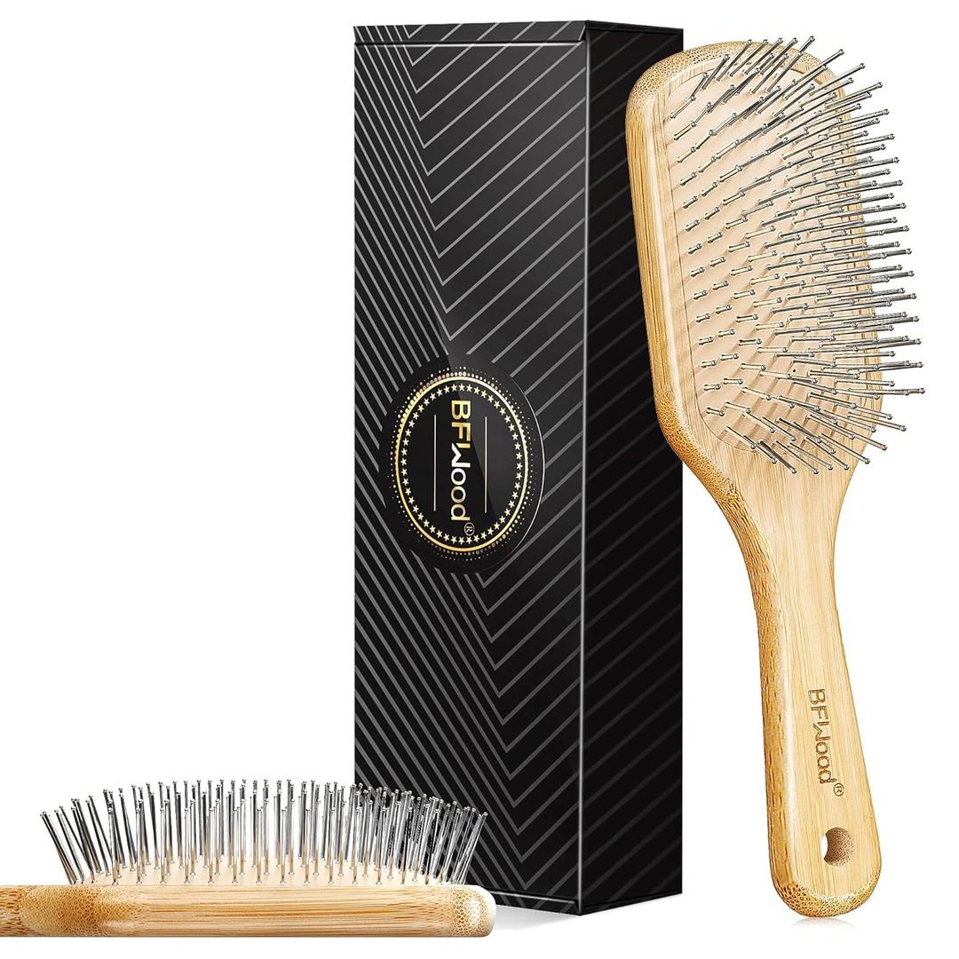 BFWood Bamboo Hair Brush with Steel Bristles, Metal Hair Brush Help Hair Growth and Massaging Scalp, Anti-frizz Metal Detangling Brush Styling Hairbrush
