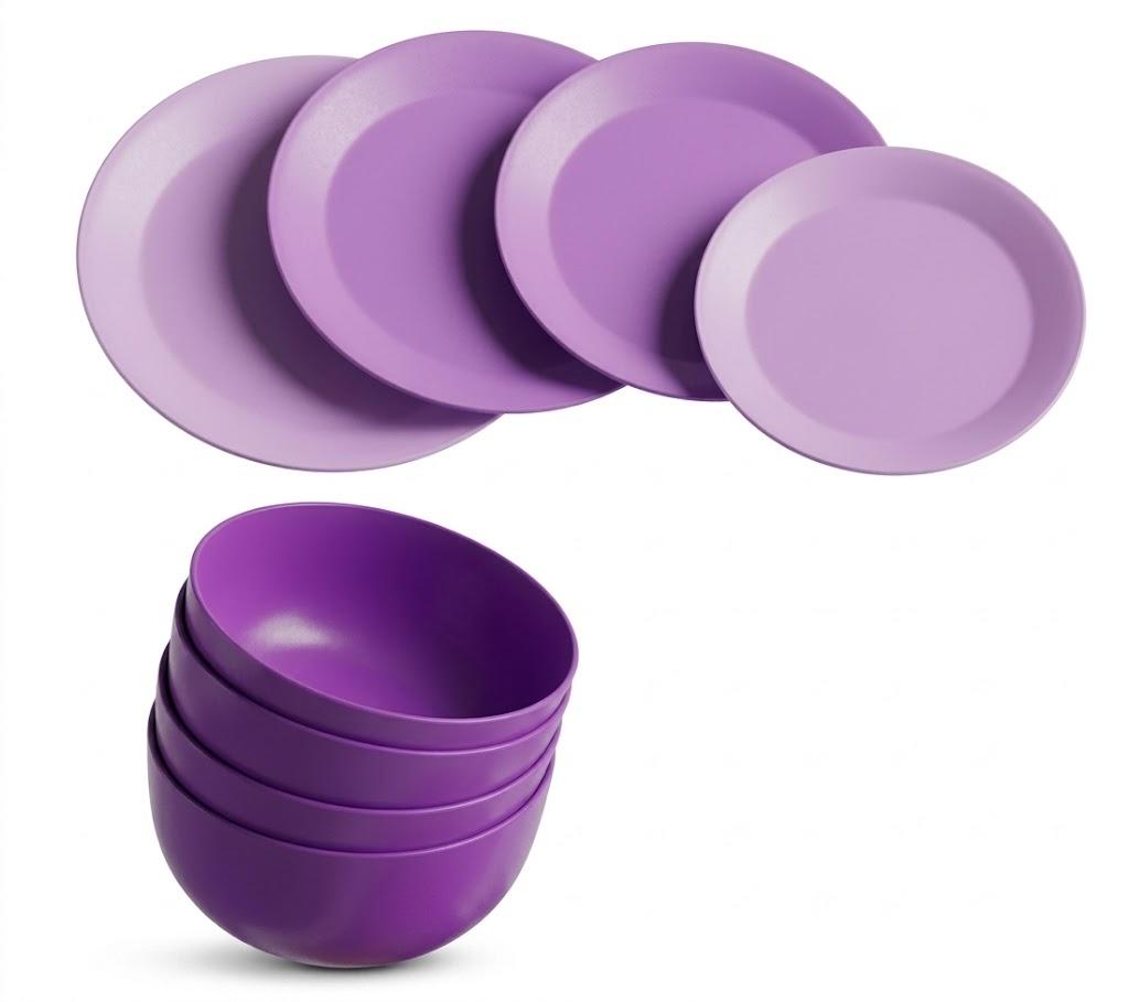 Kids Plates and Bowls Set, Unbreakable Kids Dinnerware Set - 4 Pcs  Dinner Plates & 4 Pcs Cereal Bowls, Purple