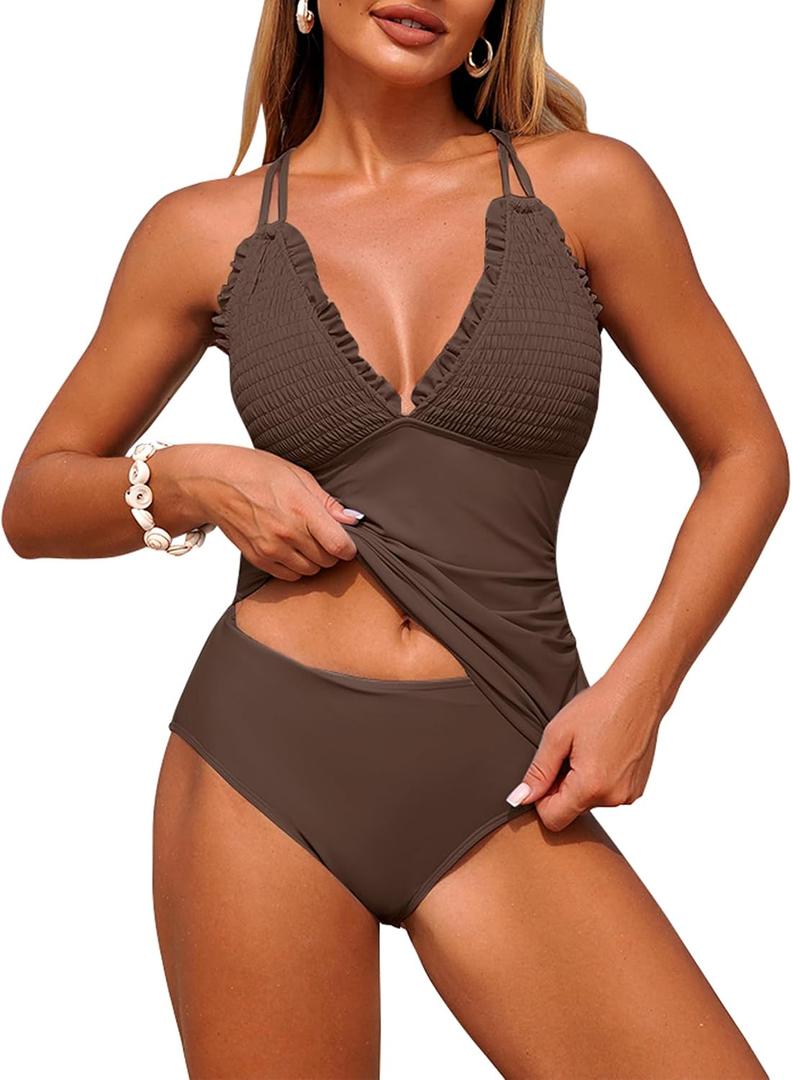 ZAFUL Womens Tankini Swimsuits Smocked 2 Piece Bathing Suits Modest Tie Back Swimwear L