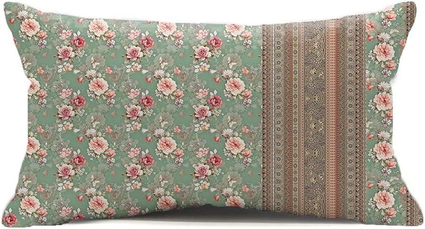 Vintage Boho Flower Lumbar Pillow Cover 12x20 Inch, Pink Floral Stripes Decorative Throw Pillow Case, Rectangle Cushion Cover for Sofa or Couch