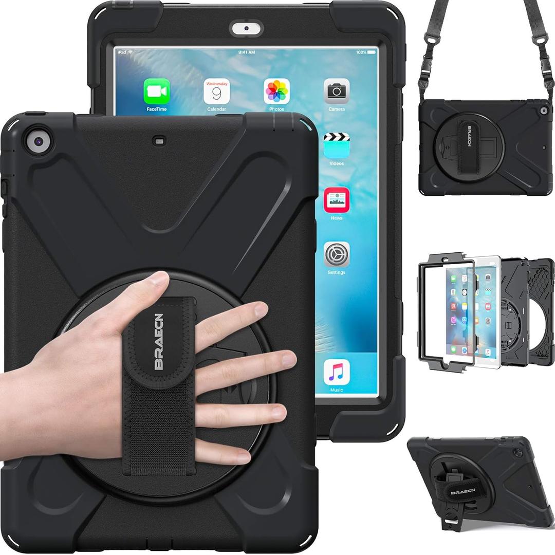 BRAECN for iPad Air 1st Generation Case 2013 .Heavy Duty Protective Case with 360 Rotating Stand/Hand Strap/Shoulder Strap for Apple iPad Air 1-9.7 inch (Black) (Black)