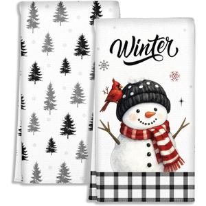 Winter Christmas Kitchen Towels - Christmas Theme 18x26 Inch Absorbent 2pcs Microfiber Dish Towels for Kitchen, Cute Holiday Designs with Snowman for Decoration, Gifting, Housewarming