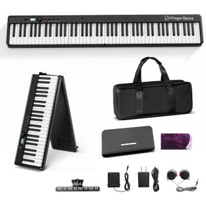 Finger Dance Folding Piano Keyboard 88 Keys, Portable Electric Keyboard with Bluetooth MIDI, Full Size Digital Piano, Wood Grain, Semi-Weighted, Touch Sensitive, with Storage Bag for Beginner