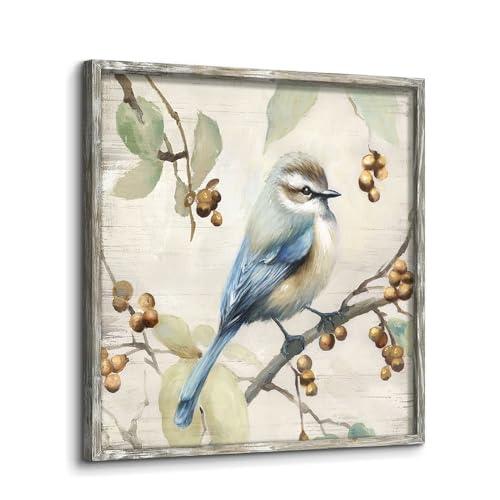 Bird Wooden Framed Wall Art: Vintage Blue Bird on the Tree Branch Picture Animal Prints Elegant Floral Painting Blossom Flower Artwork for Bedroom 28"×28"