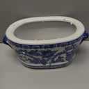 Blue and White Ceramic Planter Pot  Vintage Floral Oval Cachepot Vase for Indoor Plants, Flowers & Succulents  Glazed Chinese Porcelain Style Decorative Bowl  7.4" Size  No Drainage