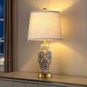 Chinoiserie Ceramic Small Table Lamps Set of 2 for Living Room Bedroom Bedside, Traditional Beige and Blue Porcelain Classic Table Lamp for Nightstand Entryway, 2 LED Bulbs Included