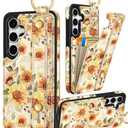 Petitian for Samsung Galaxy S23 FE Case with Wallet - Women Girls Cute Girly Aesthetic Unique Design Leather Credit Card Holder Cardholder Stand Wristband for S23 FE, Sunflower