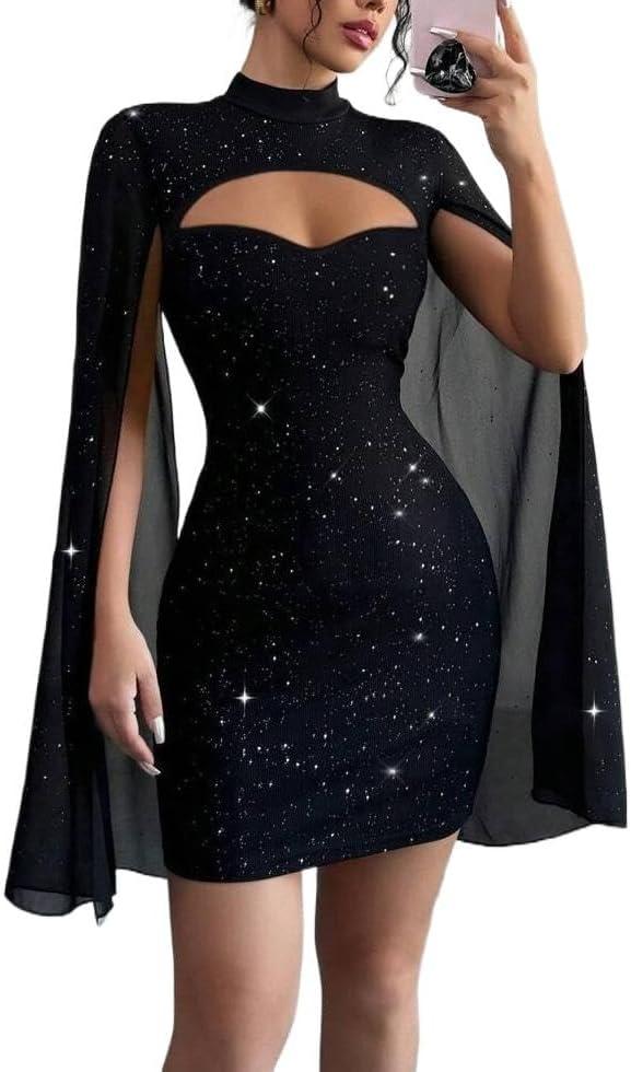 Women's Sequin Cloak Sleeve Dress Mock Neck Cocktail Long Flowy Sleeves for Going Out Fromal Prom Party (Black, L)
