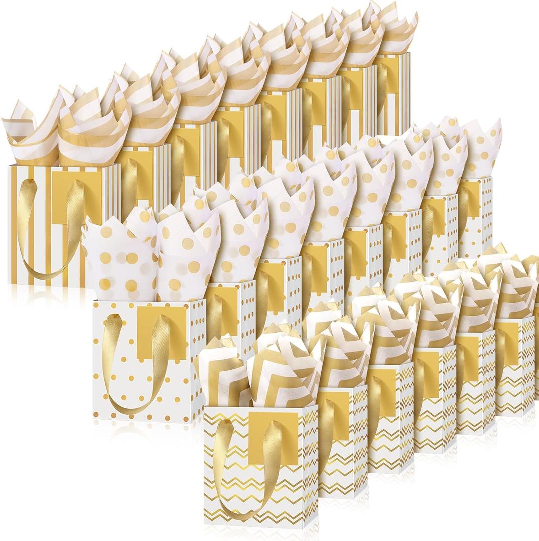 Tenare 24 Pcs Small Gift Bags Mini Metallic Paper Bags Bulk Tiny with Handles Tissue Paper for Jewelry Gift Wrap Easter Mother's Father's Day Party Supply(42.754.5 Inch,White Gold)