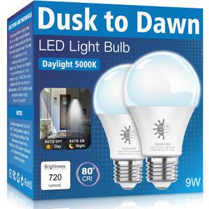 Gonhom 2 Pack Dusk to Dawn Light Bulbs Outdoor, 5000K-Daylight, 720LM, 9W(60W Equivalent) A19 E26 Automatic On/Off LED Light Bulbs, Dusk to Dawn LED Outdoor Lighting for Porch Garage Patio
