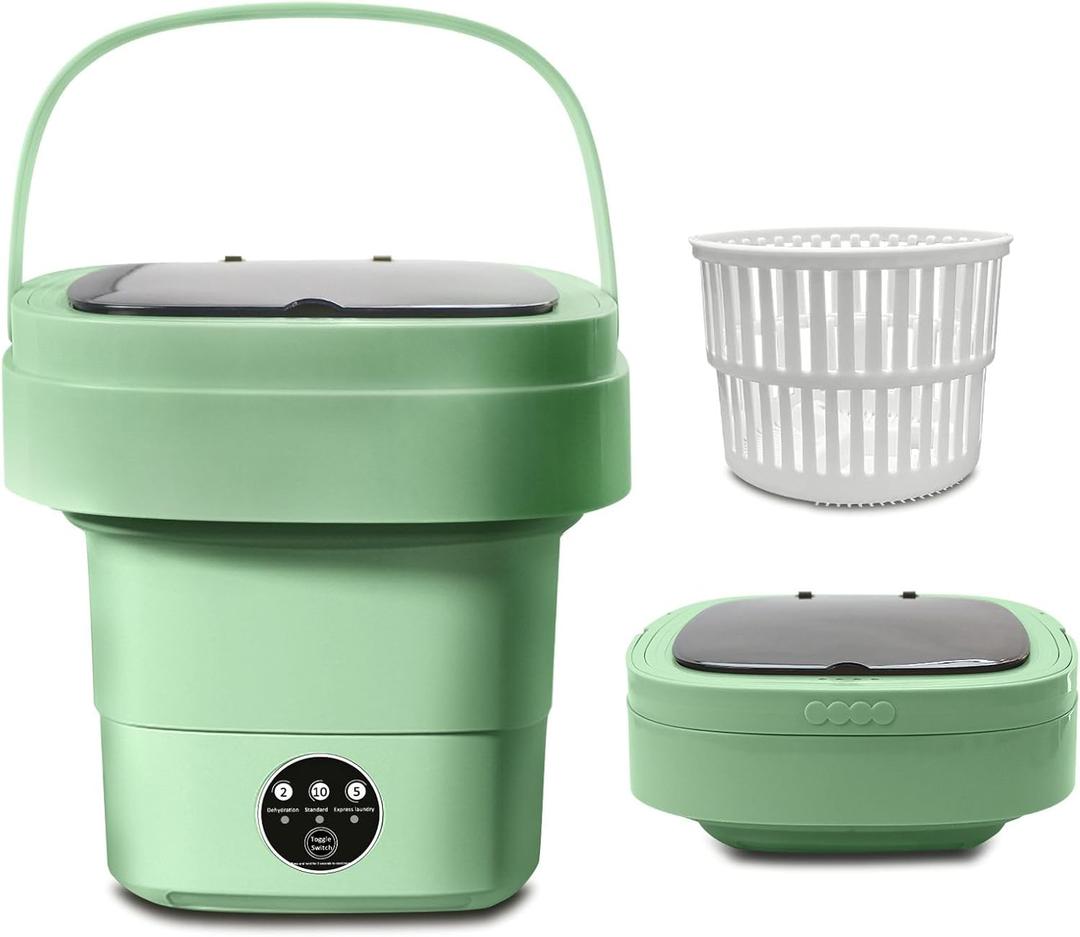Portable Washing Machine, Foldable Personal Washer w/Integrated Drain Pipe and Spin Basket for Light Clothes, 3 Cleaning Modes, Blue Light Collapsible Laundry for Travel, RV, Baby Clothes, Green
