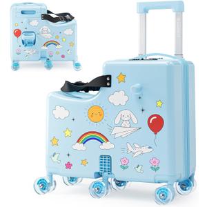 Ride on Suitcase for Kids, Hard Shell Kids Luggage with Belt, Foldable Pedal & Front Grab Handles, Hidden Cup Holder, TSA Lock, 6 Spinner Wheels, Kids Carry on Suitcase for Travel, Blue, 19 inches x 9 inches x 20 inches
