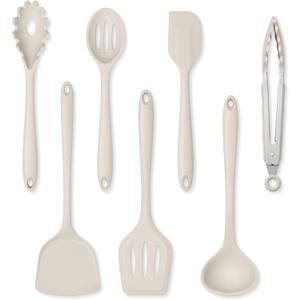 Herogo Silicone Cooking Utensils Set, 7-Piece Kitchen Utensils Set, Heat Resistant Cooking Gadget Tools Slotted Turner, Spoon, Soup Ladle, Pasta Server, Spatula, Tongs for Nonstick Cookware, Khaki