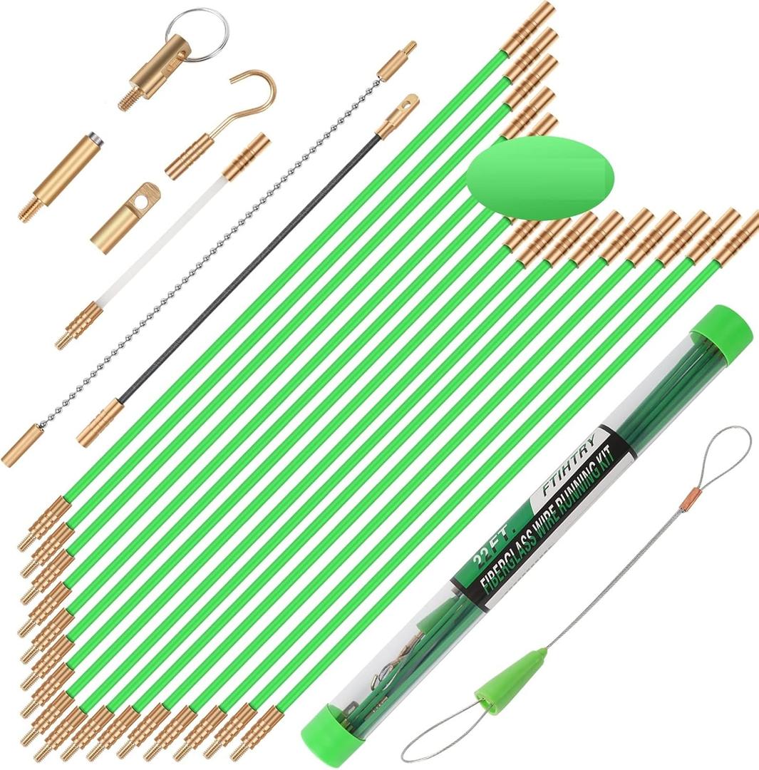 FTIHTRY 45FT Fiberglass Running Electrical Wire Cable Glow Rods Wire Pulling, Fish Rods Electrical Kit with 8 Different Attachments and Fish Tape Wire Puller Kit