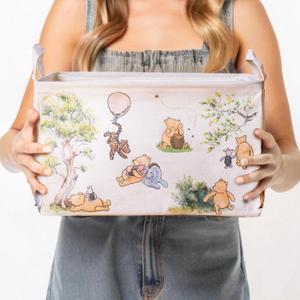 Sweet Baby Co. Classic Winnie Pooh Storage Nursery Basket With Hard Bottom Large Square Canvas Cotton Laundry Hamper Bin Waterproof Foldable Bathroom and Bedroom Stuff Clothes Toys Baby Vintage Decor, 11" x 10" x 16"