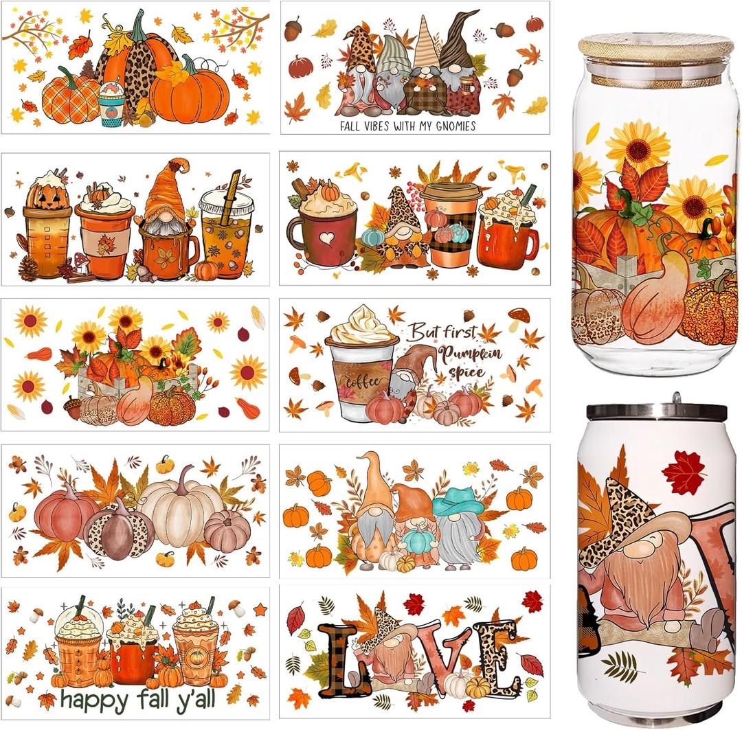 10 Sheet UV DTF Cup Wrap, Fall Theme Harvest Pumpkin Maple Leaf Rub on Transfers for Glass Crafting Glass Cups Wrap Transfer Stickers Decals Waterproof Rub on Transfers for Crafting