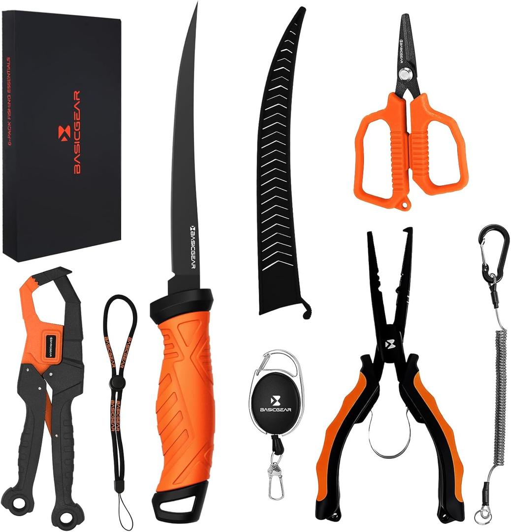 BasicGear Fishing Tool Set  7 Pliers, 9.5 Fish Lip Gripper, 4.5 Scissors, 7 Fillet Knife, Retractable Clip & Steel-Core Tether, Rust-Resistant Multi-Tool Kit for Anglers (Orange)
