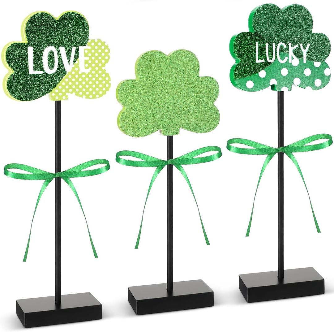 Novabright 3 Pieces St. Patrick's Day Decorations Tiered Tray Decor for Table Wooden Shamrock Decor Tall Standing Signs Green Lucky Clover Table Top for Irish St. Patrick's Day Indoor Home Decorations