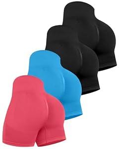 CHRLEISURE Women's 4 Packs Workout Gym Shorts, High Waisted Butt Lifting Scrunch Butt Seamless Booty Shorts(2 Black/Blue/Pink, M)