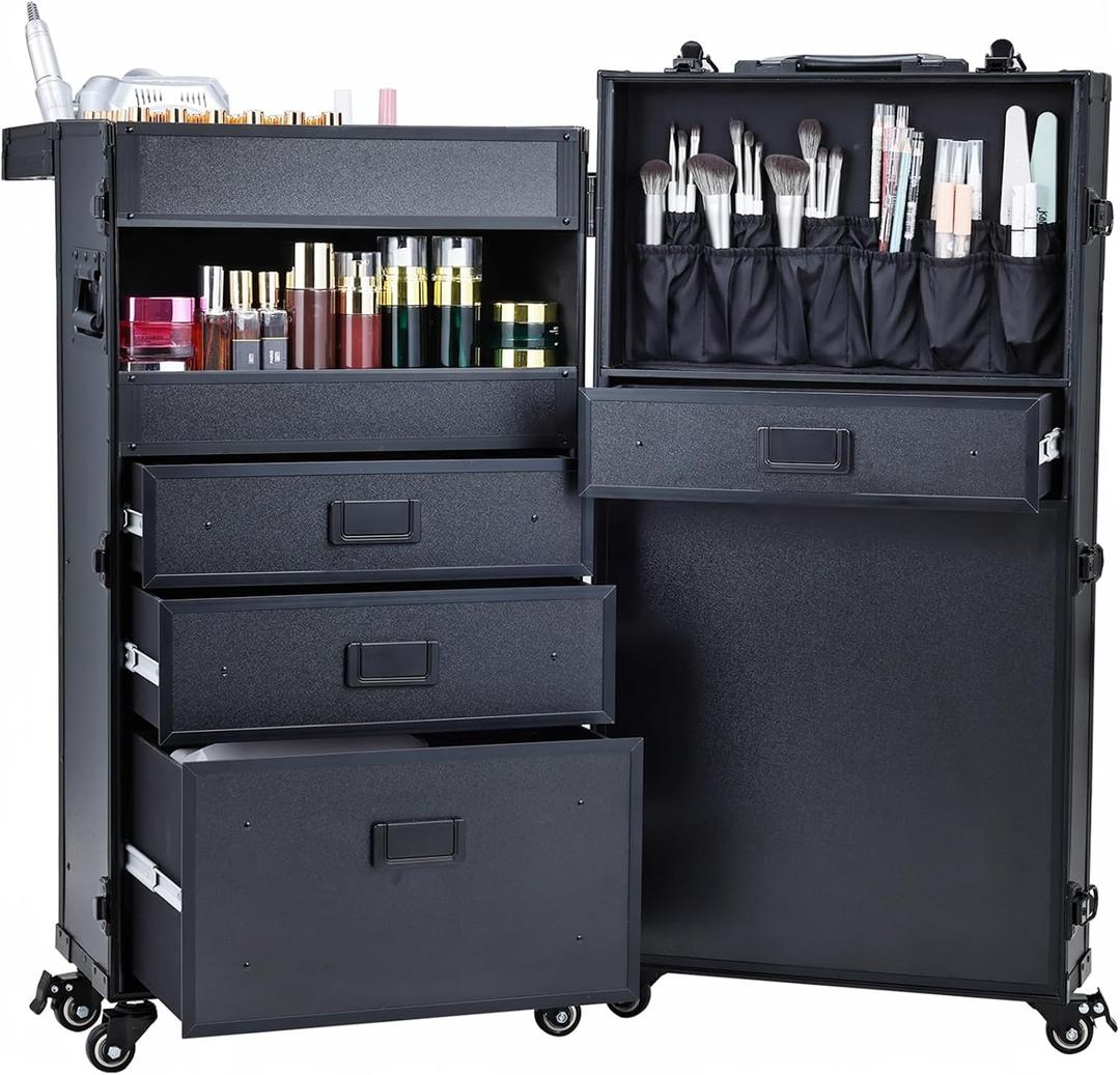 Mobile Nail Tech Station & Rolling Makeup Case with Drawers - Lockable Nail Travel Case for Nail Tech, Cosmetology Case on Wheels, Salon Cart & Tattoo Workstation