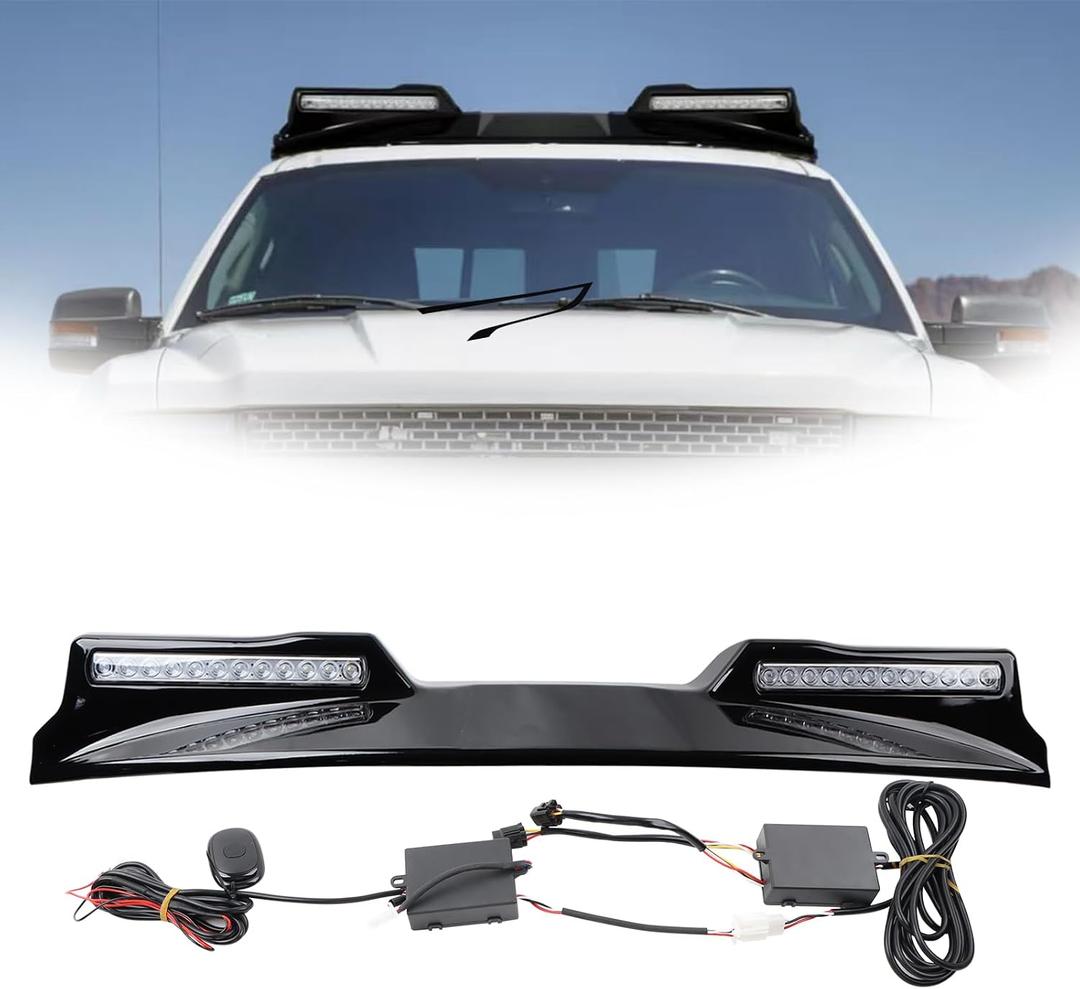 Running Lights Compatible With 2009-2014 Ford F-150 Universal Front Top Roof Mounted Driving Fog Light Lamps With Switch And Wiring Harness, Black Frame Clear Lens