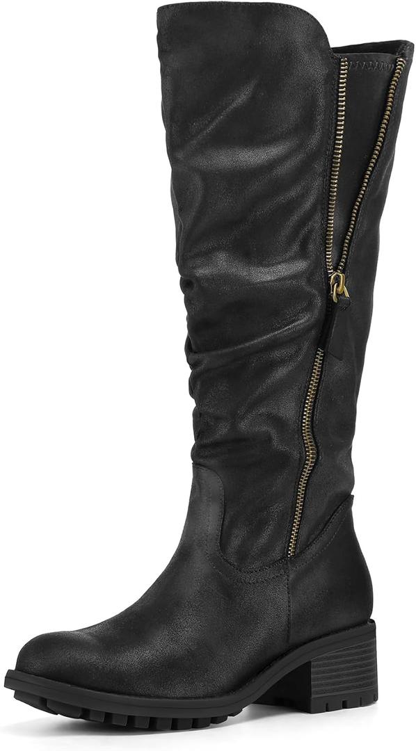 mysoft Women's Knee High Boots Side Zipper Lug Sole 2 Inch Stacked Chunky Heel Boots (6 Wide)