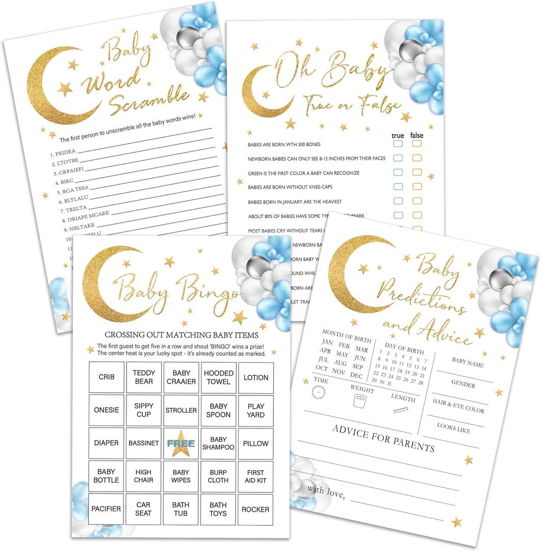 Moon Stars Baby Shower Games Set, 4 Games Includes Word Scramble, Oh Baby, Predictions and Advice, Bingo, 50 Double-Sided Cards & 1 Answer Key, Gender Reveal Supplies -01