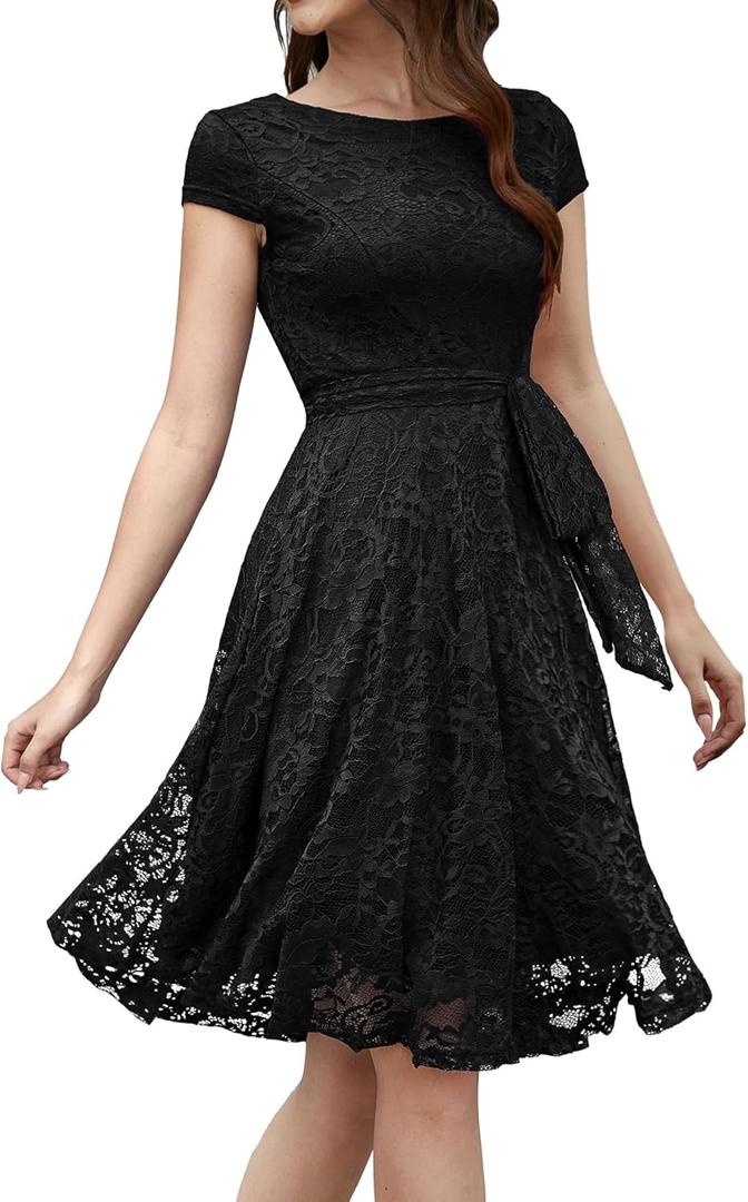 MUADRESS Women's Lace Cocktail Wedding Party Dress (XX-Large, Round Neck-Black)