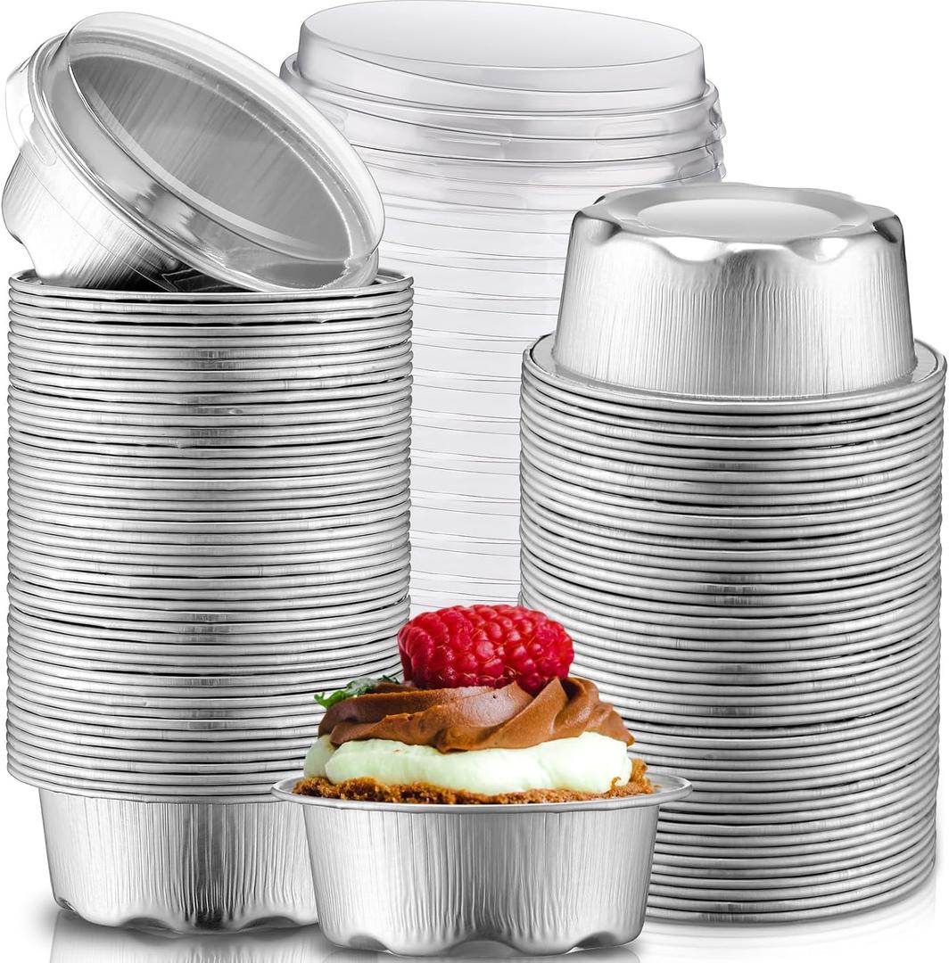 Eaasty 150 Pcs Baking Cups with Lids, 1.6 oz Muffin Cupcake Liners Aluminum Foil Mini Cake Pans Small Disposable Ramekins Flan Containers with Lids for Christmas, Birthday, Various Holiday(Silver)