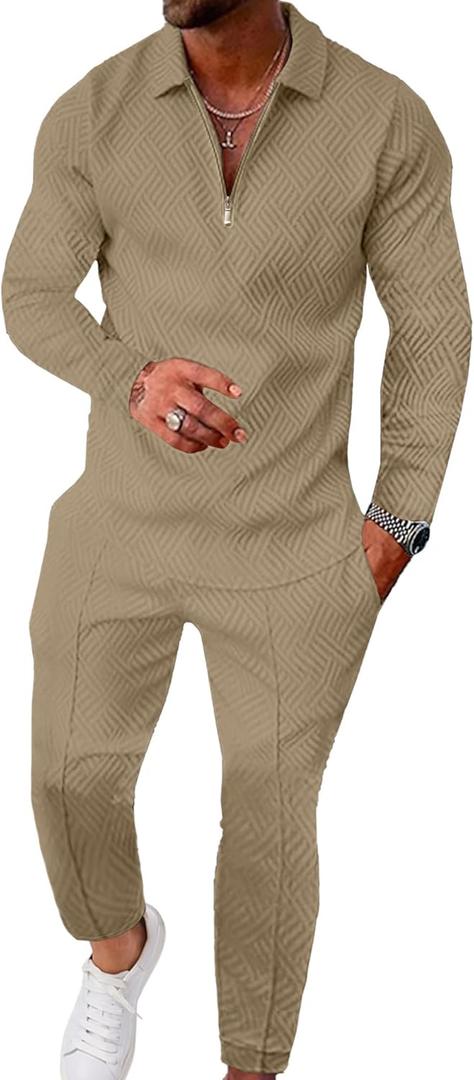 UOUA Mens 2 Piece Set Casual Outfits Polo Long Sleeve Shirt & Pants Tracksuit Loungewear Athletic Jogger Sweatsuit (Large, Khaki)