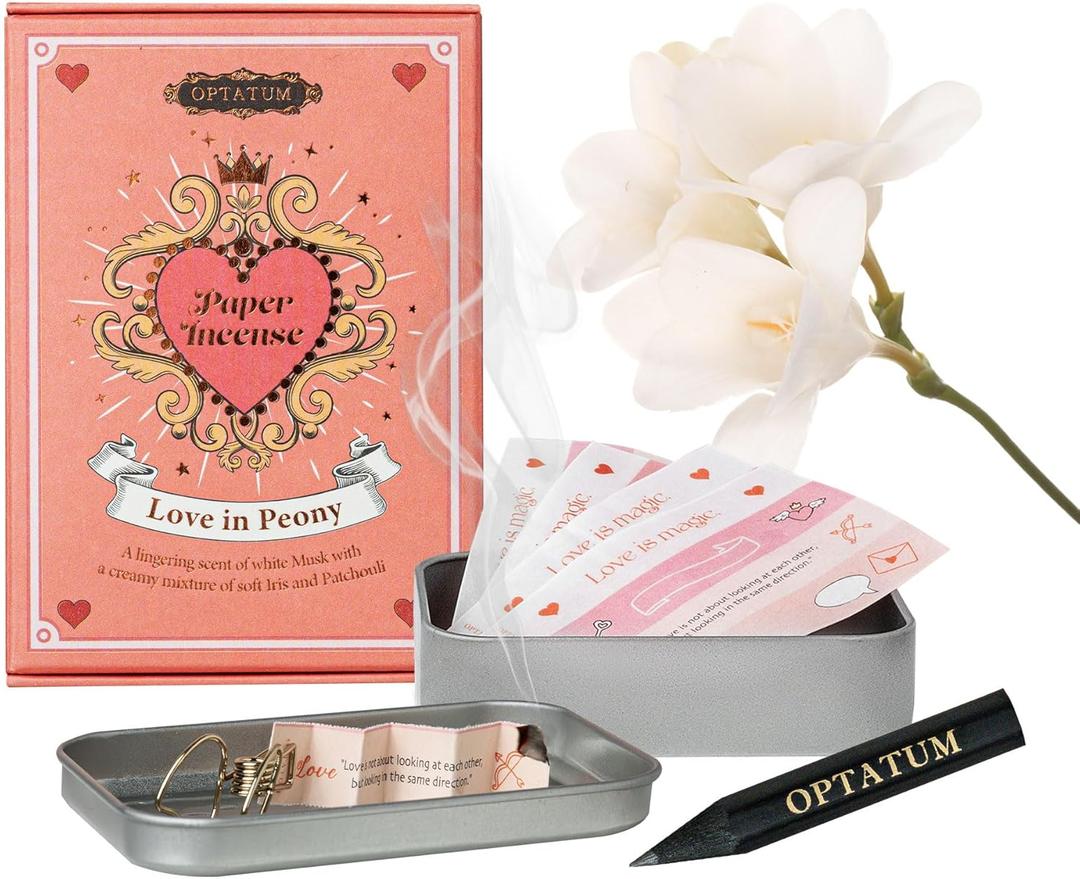 Paper Incense Love in Peony - 48pcs with Vintage Tin Case, Cute & Unique Gift Idea for Birthday, Anniversary Quick Use & Long-Lasting Fragrance, Aromatherapy & Stress Relief