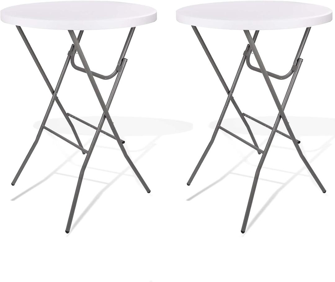 Lakhow 2 Pack Cocktail Table 28in Folding Round High Top Indoor Outdoor with Removable Legs, Tall Bistro Foldable Bar Height Table for Parties, Patio, Backyard, Dining Room, Events, White, 28''×43''/2PC