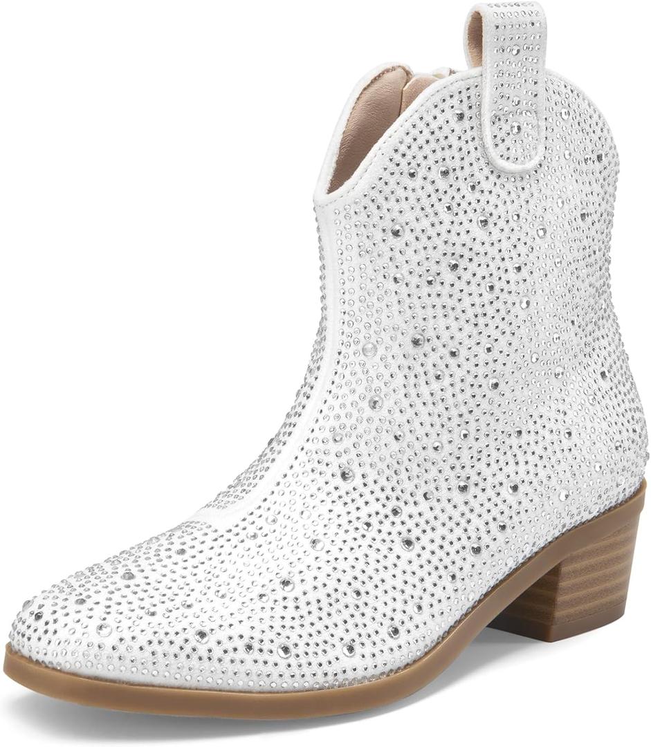 DREAM PAIRS Girls Cowgirl Cowboy Rhinestone Boots Ankle Low Heel Dress Booties (13 Little Kid, White)