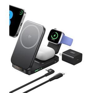 INIU 3 in 1 Wireless Charging Station, Qi2 Certified Mag Safe Travel Charger for Apple Multiple Devices, Foldable Charger Stand for Apple iPhone 16 15 14 13 12 Series Watch AirPods (with Adapter)