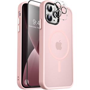 MOCCA Strong Magnetic for iPhone 13 Pro Max Case,[Compatible with Magsafe][Glass Screen Protector+Camera Lens Protector] Slim Thin Shockproof Cover Phone Case for iPhone 13 Pro Max 6.7", Pink