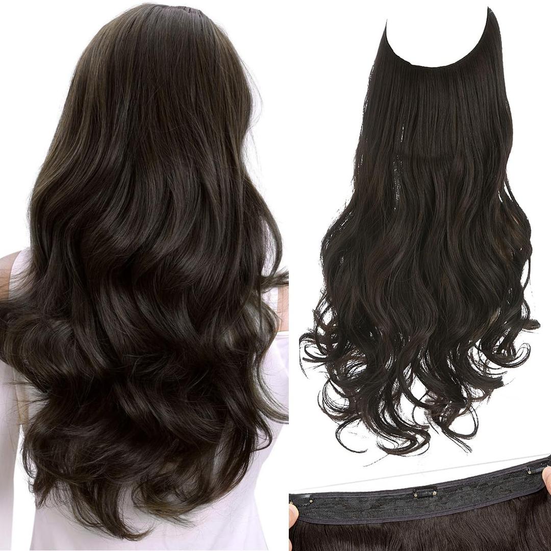 SARLA Invisible Wire Hair Extensions with 3 Clips Long Synthetic Wavy Curly Hairpiece Adjustable Transparent Headband for Women 18 Inch Black Brown