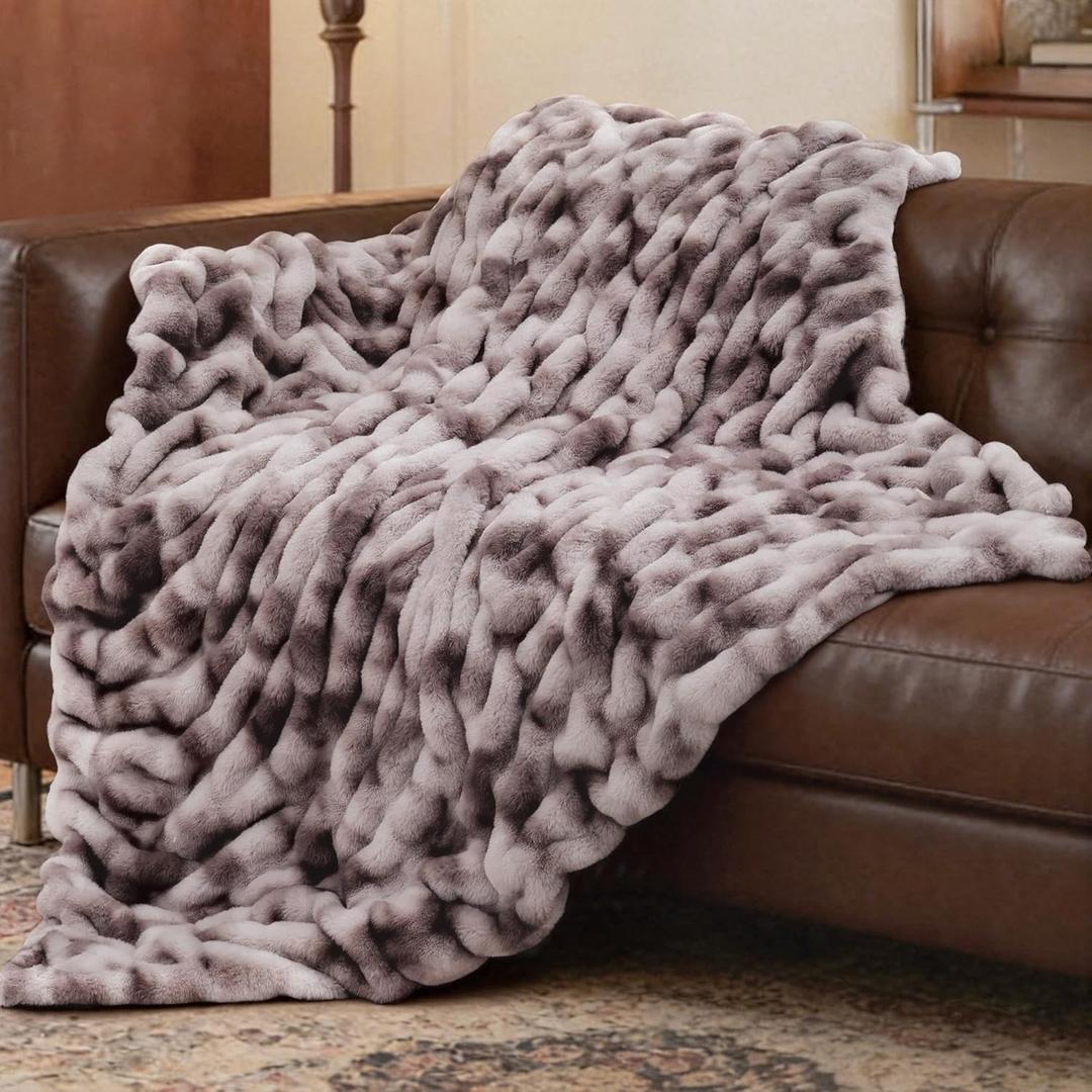 Ultra Soft Luxury Faux Fur Throw Blanket for Couch, Fuzzy Fluffy Plush Warm Cozy Ruched Blanket for Sofa Bedroom Living Room, Elegant Gift Idea for Women (50"x60",Tie-dye Taupe)