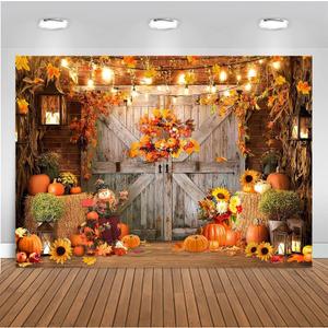 Mocsicka 8x6ft Fall Backdrop for Photography Rustic Wooden Door Autumn Maple Leaves Pumpkins Background Fall Thanksgiving Day Friendsgiving Party Decorations