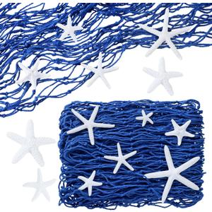 21 Pieces Starfish Ornament Sets Starfish Decor Fish Net Sea Wall Decor Fishnet Nautical Decoration for Crafts Beach Wedding Mermaid Party Under The Sea Party Decorations(Blue)