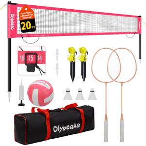 20ft Outdoor Volleyball & Badminton Combo Net Set for Backyard Beach with Adjustable Poles, Durable Anti-Sag Net, PU Volleyball, 2 Aluminum Rackets