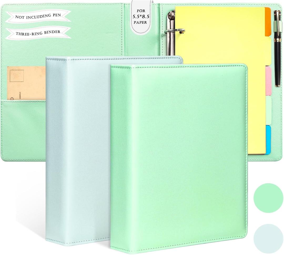 2 Pack Mini Size 3 Ring Binder 1 inch Rings 5 Colors Dividers Pu Leather Binders 5.5" X 8.5" Holds 200 Sheets Paper Three Ring Binder DRing with Pen Loop 1 Pockets School Office (Green&Blue)