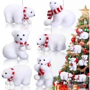 Wesiti 6 Pcs Christmas Polar Bear Ornament White Plush Christmas Ornaments Cute Rustic Furry Bear Decor with Scarf for Xmas Tree Polar Animals Figurines Rustic Home Decor