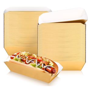 Yeaqee 100 Pcs 7" Paper Hot Dog Trays Disposable Paper Food Nacho Boats Hot Dog Holders Food Plates Disposable Serving Trays for Carnivals, Parties, Dinner, Cookouts(Gold)